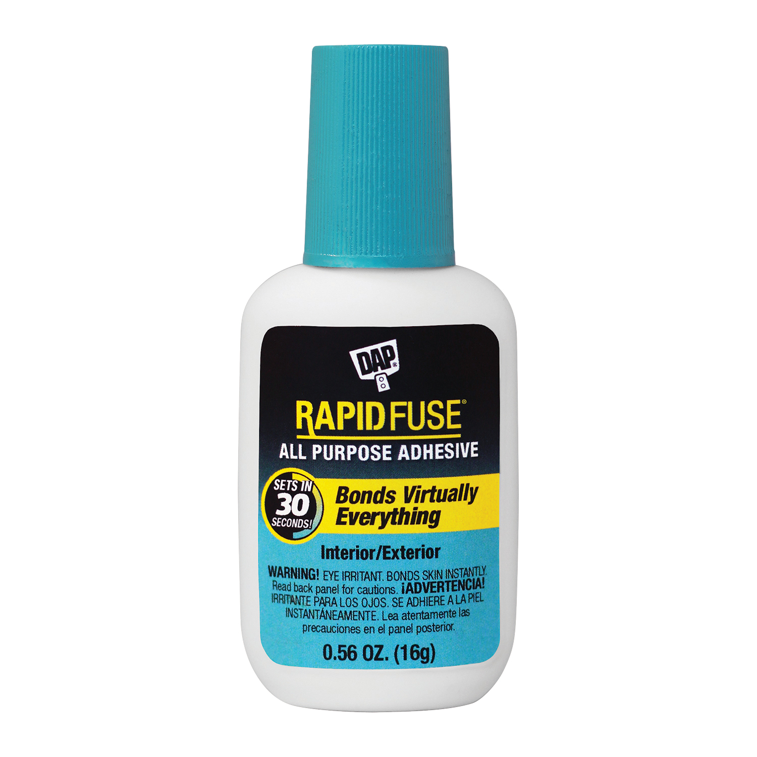 DAP® RapidFuse 00155 All-Purpose Adhesive, 0.85 oz Container, Bottle Container, Clear, Bonds To: Ceramic, Concrete, Fabric, Glass, Laminate, Leather, Metal, Paper, Plastic, Rubber, Wood, 30 min Curing