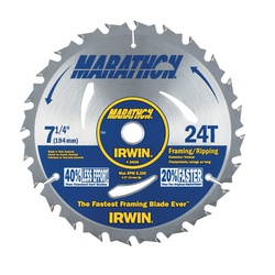 Irwin® Marathon® 24030 Portable Corded Circular Saw Blade, 7-1/4 in Dia x 0.047 in THK, 5/8 in Arbor, 24 Teeth